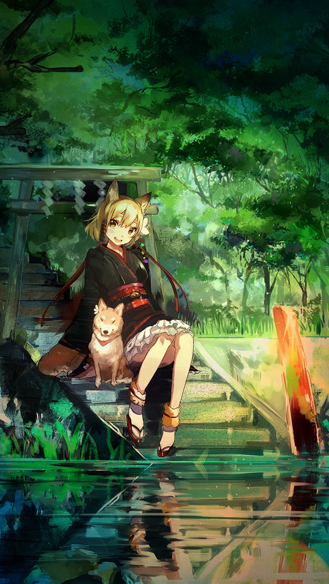Girl And Dog Green Nature Anime Art