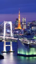 Rainbow Bridge spanning Tokyo Bay with Tokyo Tower visible in the background.