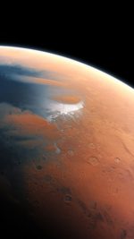 This artist’s impression shows how Mars may have looked about four billion years ago. The young planet Mars would have had enough water to cover its entire surface in a liquid layer about 140 metres deep, but it is more likely that the liquid would have pooled to form an ocean occupying almost half of Mars’s northern hemisphere, and in some regions reaching depths greater than 1.6 kilometres.
